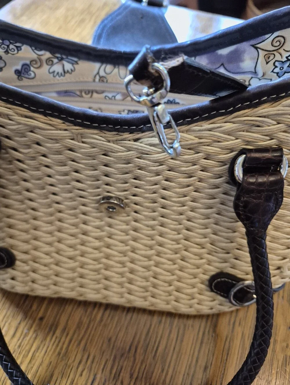 BRIGHTON woven Straw Tote Handbag with Dark Brown Croc-Trim